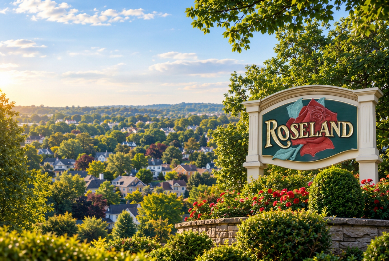 Roseland, New Jersey welcome sign overlooking the town at sunrise
